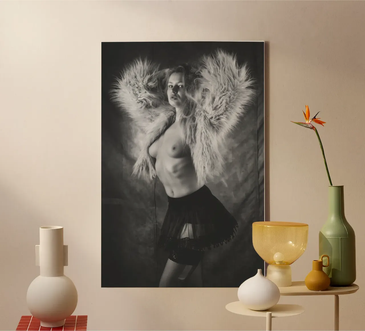 Amber topless in fur Mono canvas by Dave Hare Photography
