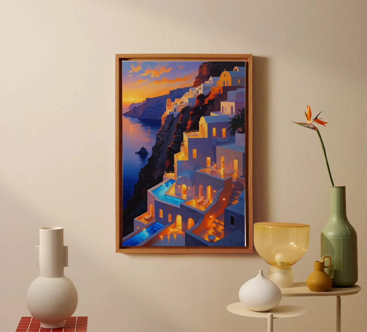 Santorini’s Sunset Serenity canvas with Floater frame by AlbertKlee