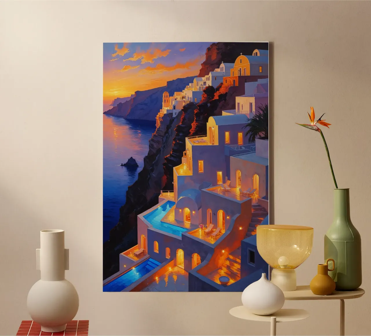 Santorini’s Sunset Serenity canvas with Floater frame by AlbertKlee