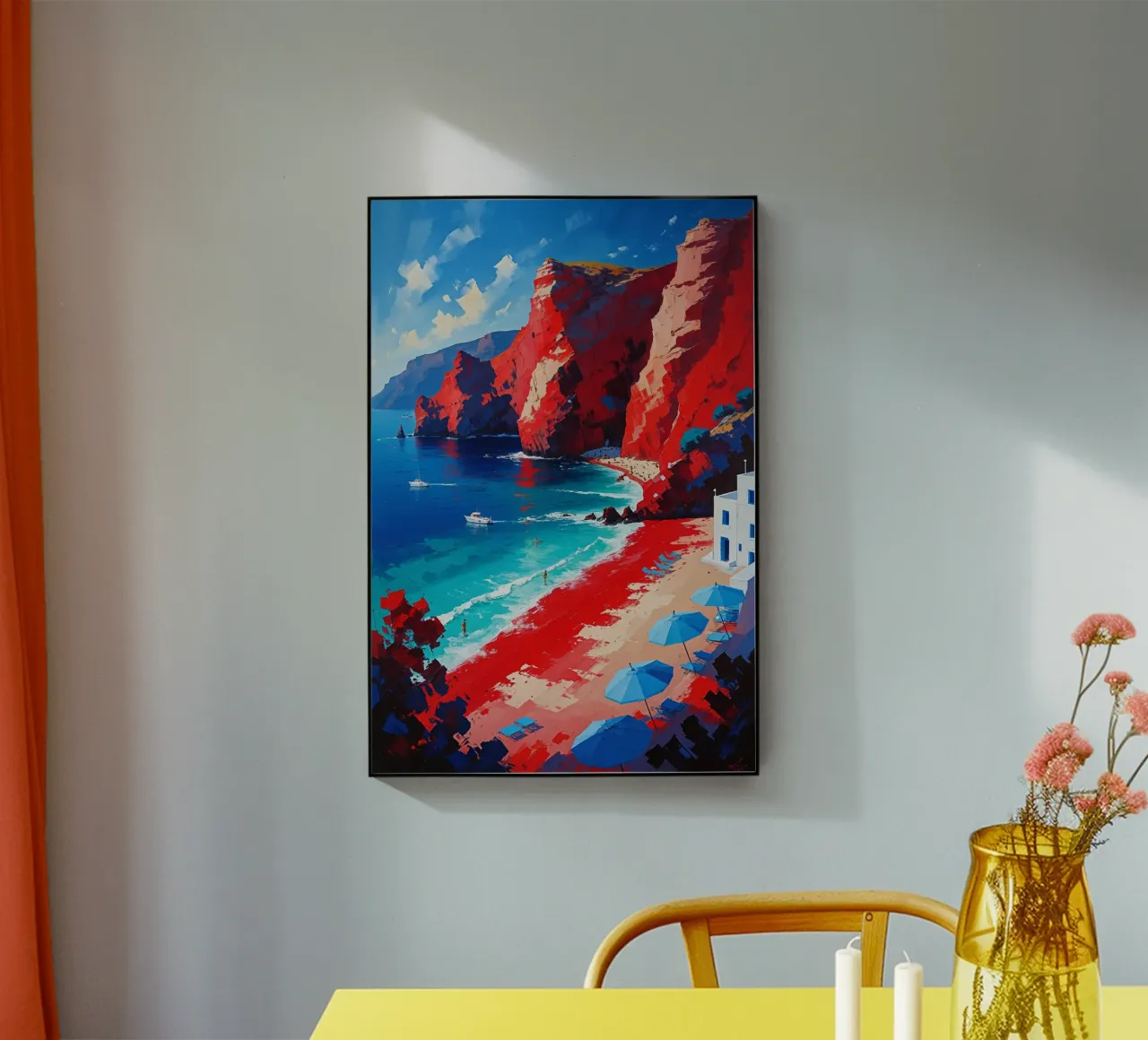 Santorini's Vivid Red Cliffside Bay with Sailboats plexiglass da AlbertKlee