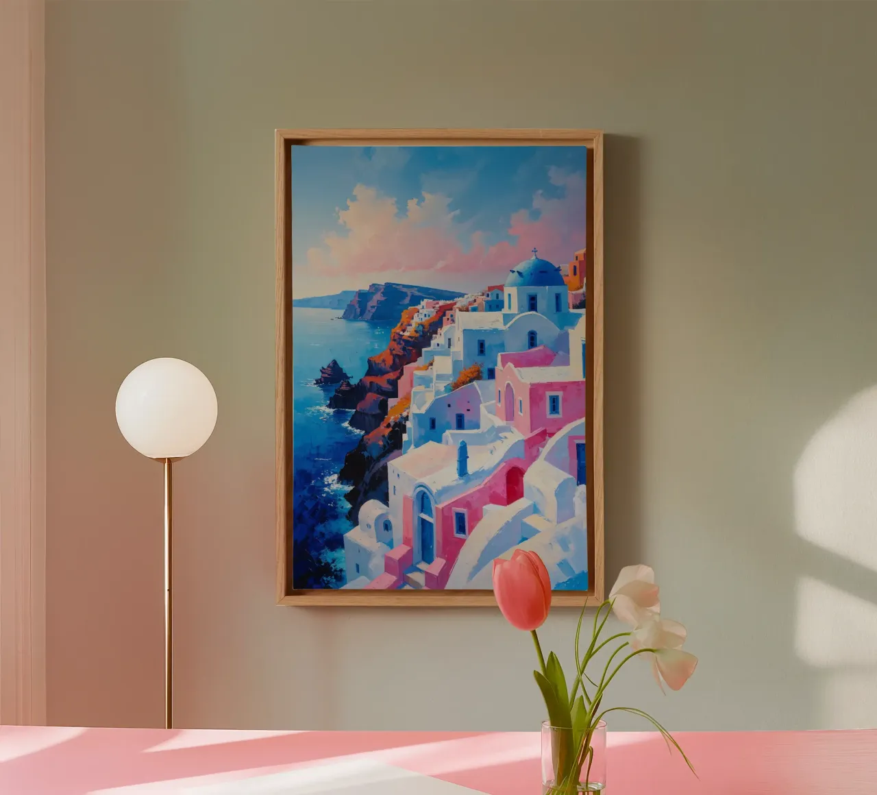 Sunrise Over Santorini’s Cascading Domes Leinwand mit Schattenfugenrahmen von AlbertKlee