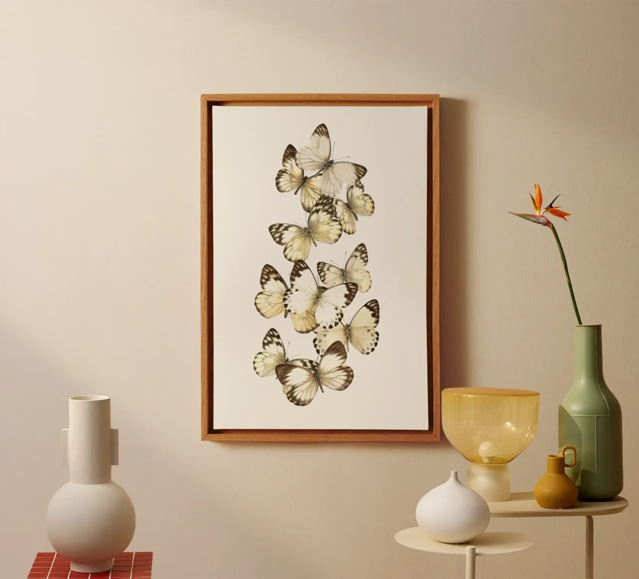 Whispering Wings: White Butterfly Swarm Poster canvas with Floater frame by Curious Collections by Marielle Leenders
