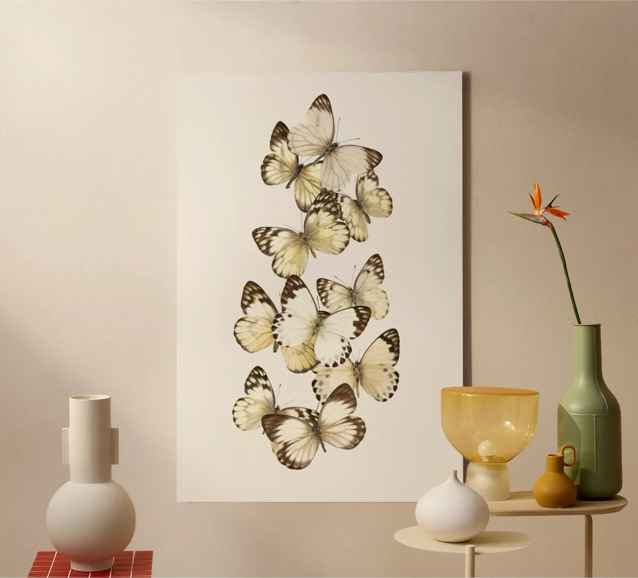 Whispering Wings: White Butterfly Swarm Poster canvas with Floater frame by Curious Collections by Marielle Leenders