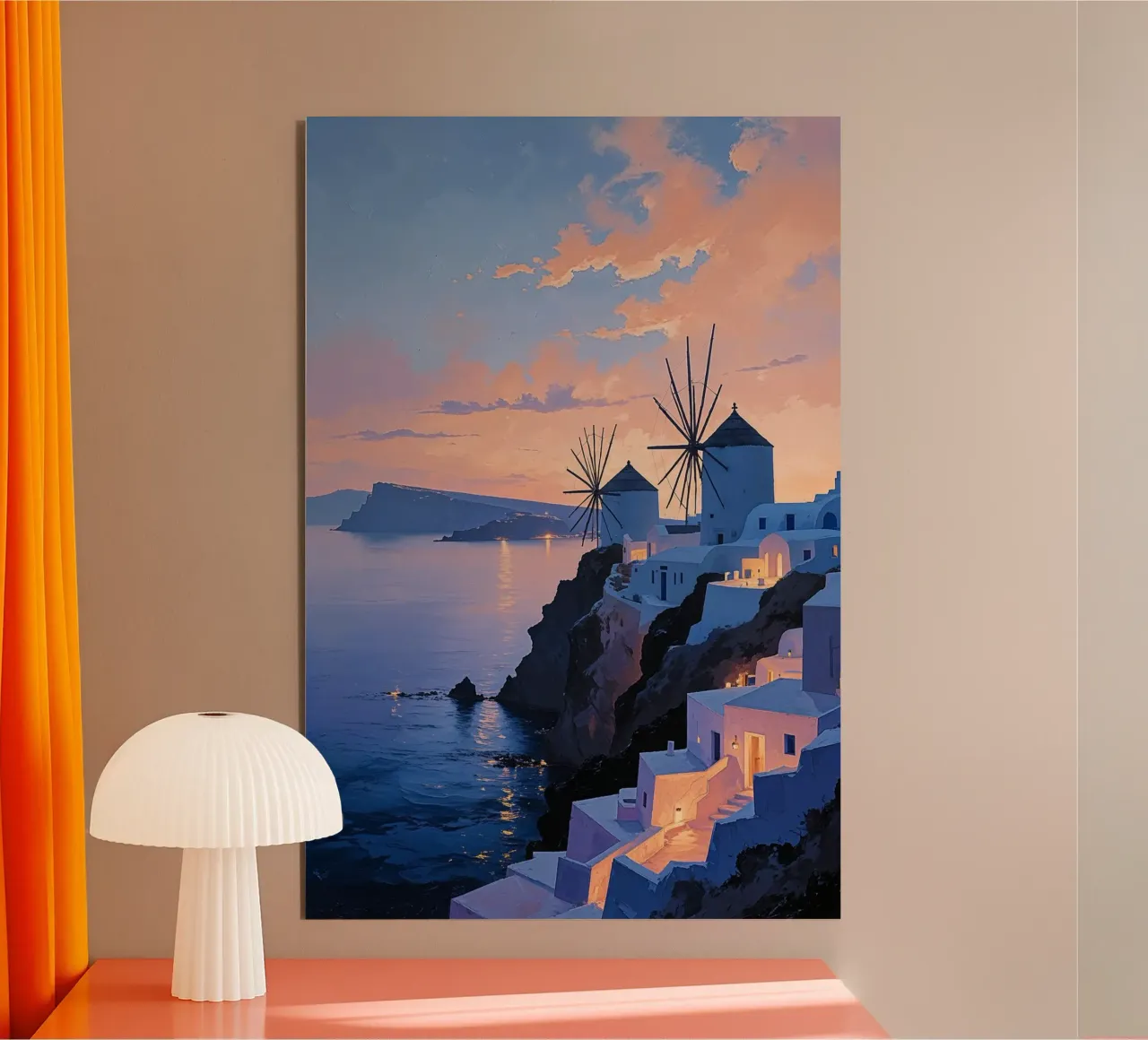 Evening Lights and Windmills of Santorini alluminio dibond da AlbertKlee