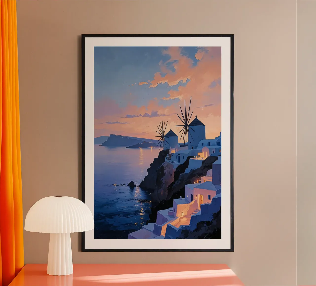 Evening Lights and Windmills of Santorini poster da AlbertKlee