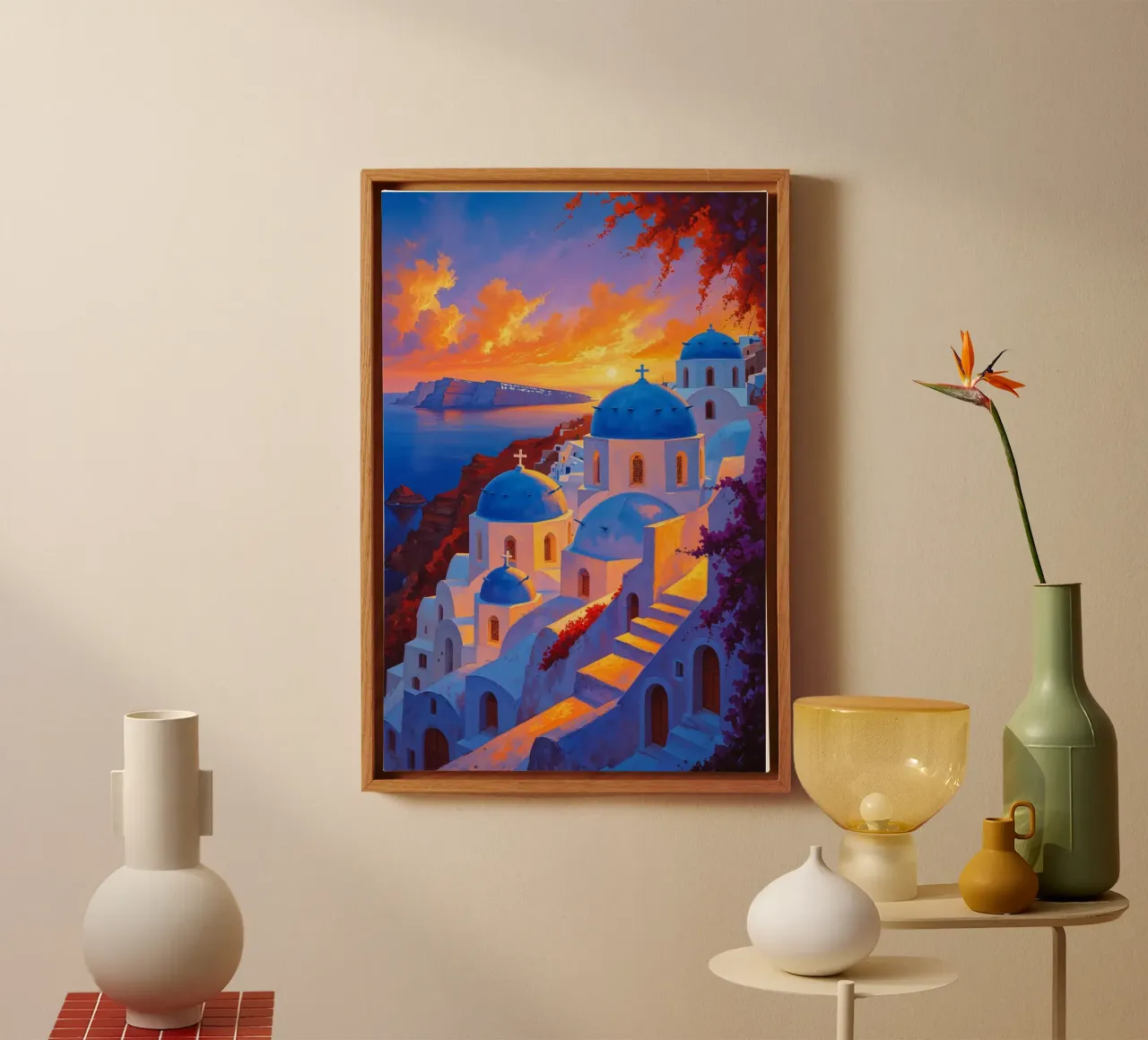 Golden Sunset Over Santorini’s Domes canvas met Baklijst van AlbertKlee