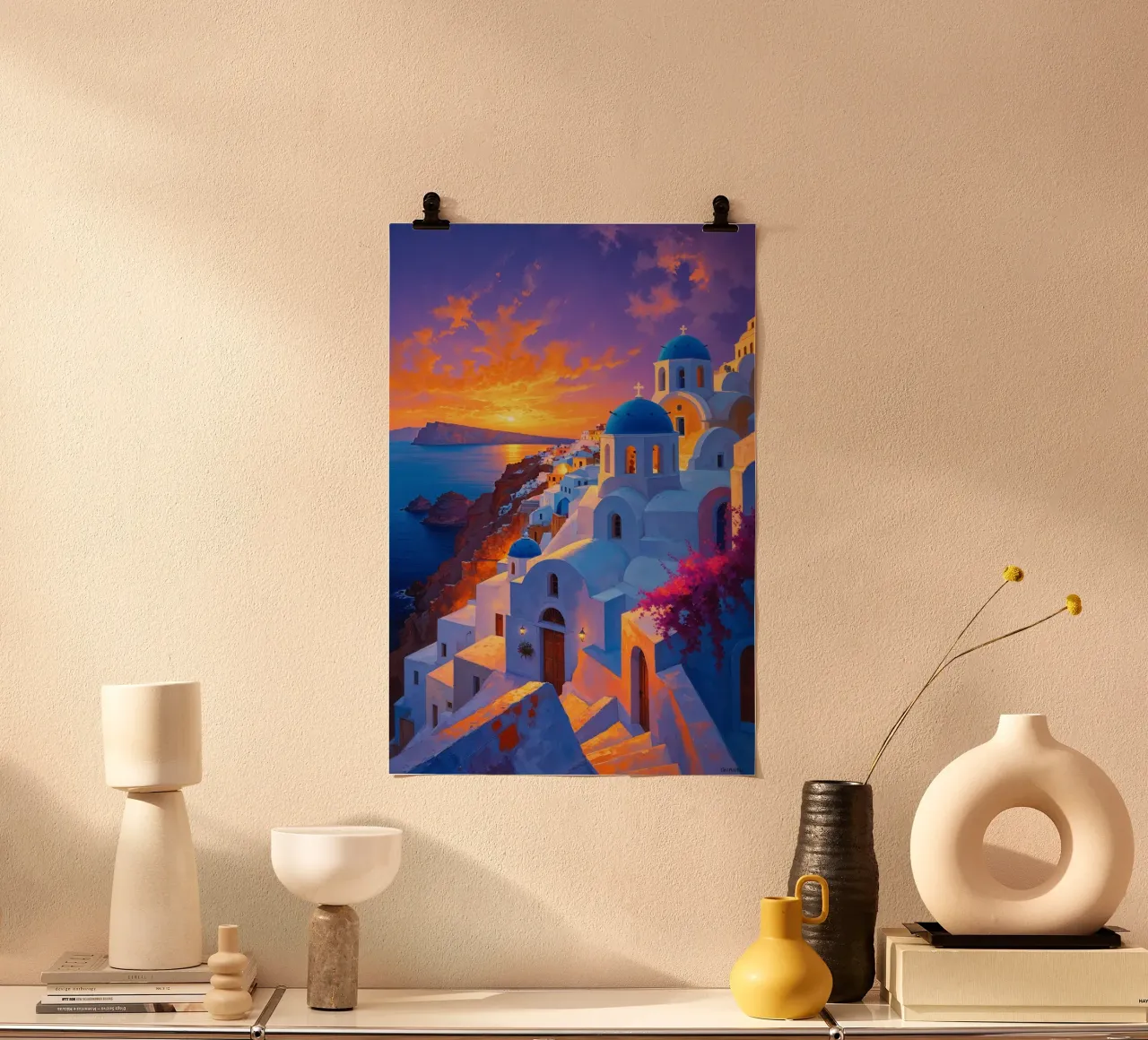 Sunset Serenity of Santorini Cliffs poster da AlbertKlee