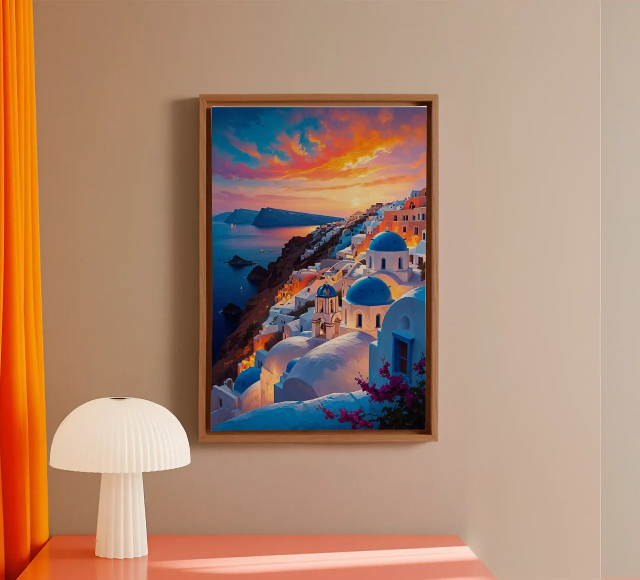Santorini’s Majestic Sunset Glow canvas met Baklijst van AlbertKlee