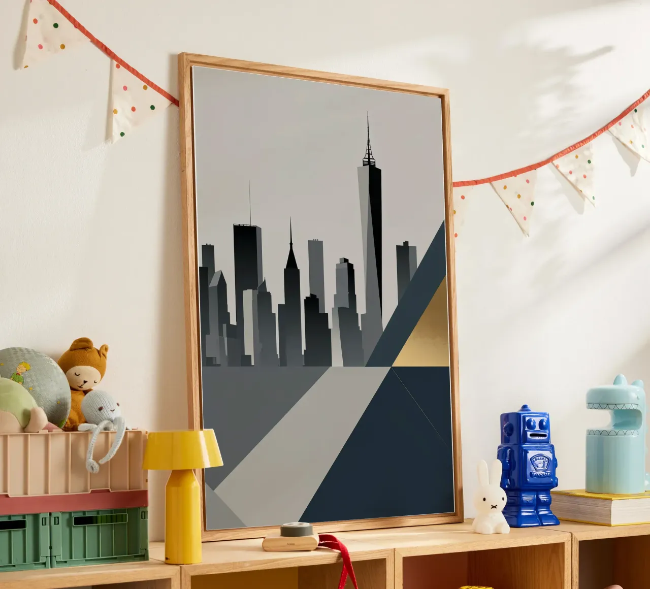 Geometric New York Skyline with Sleek Gold Highlights metacrilato de AlbertKlee