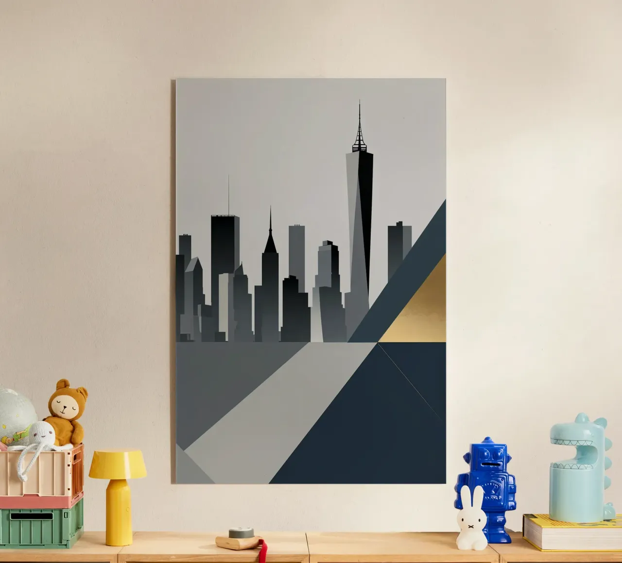 Geometric New York Skyline with Sleek Gold Highlights metacrilato de AlbertKlee