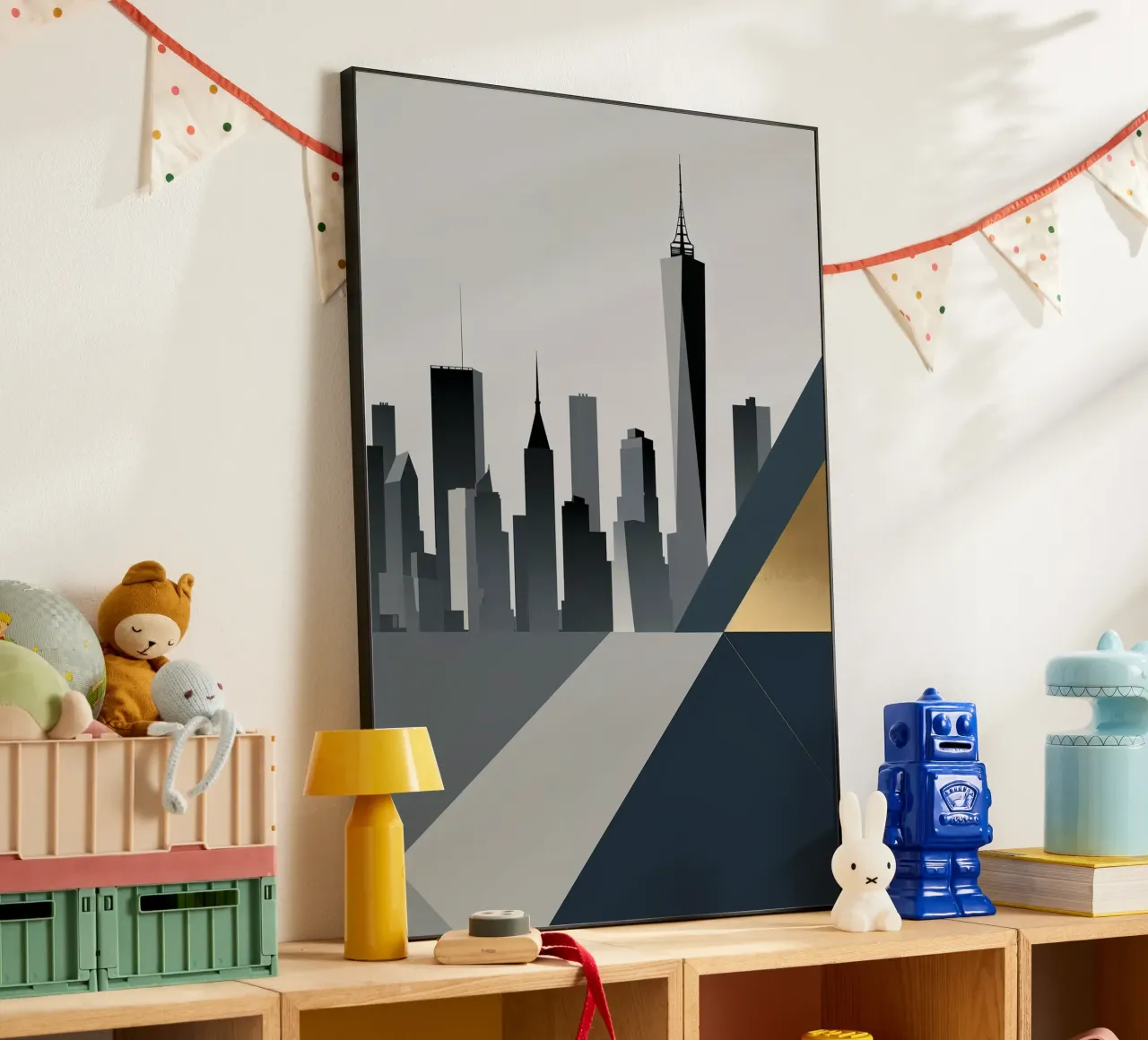 Geometric New York Skyline with Sleek Gold Highlights alluminio dibond da AlbertKlee