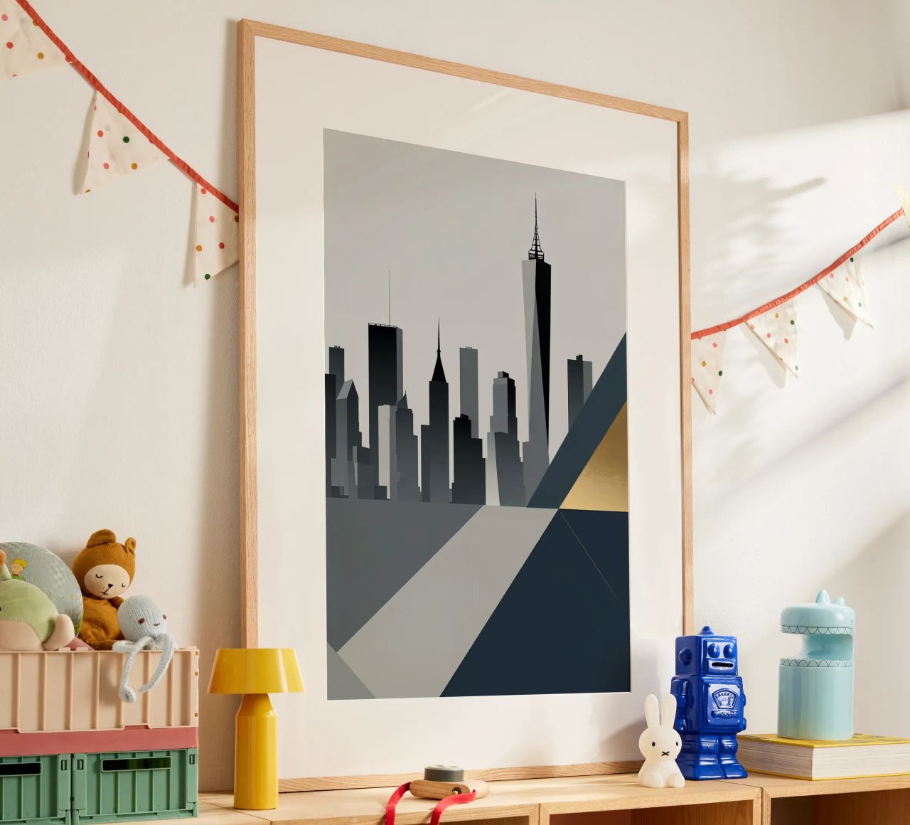 Geometric New York Skyline with Sleek Gold Highlights Poster von AlbertKlee