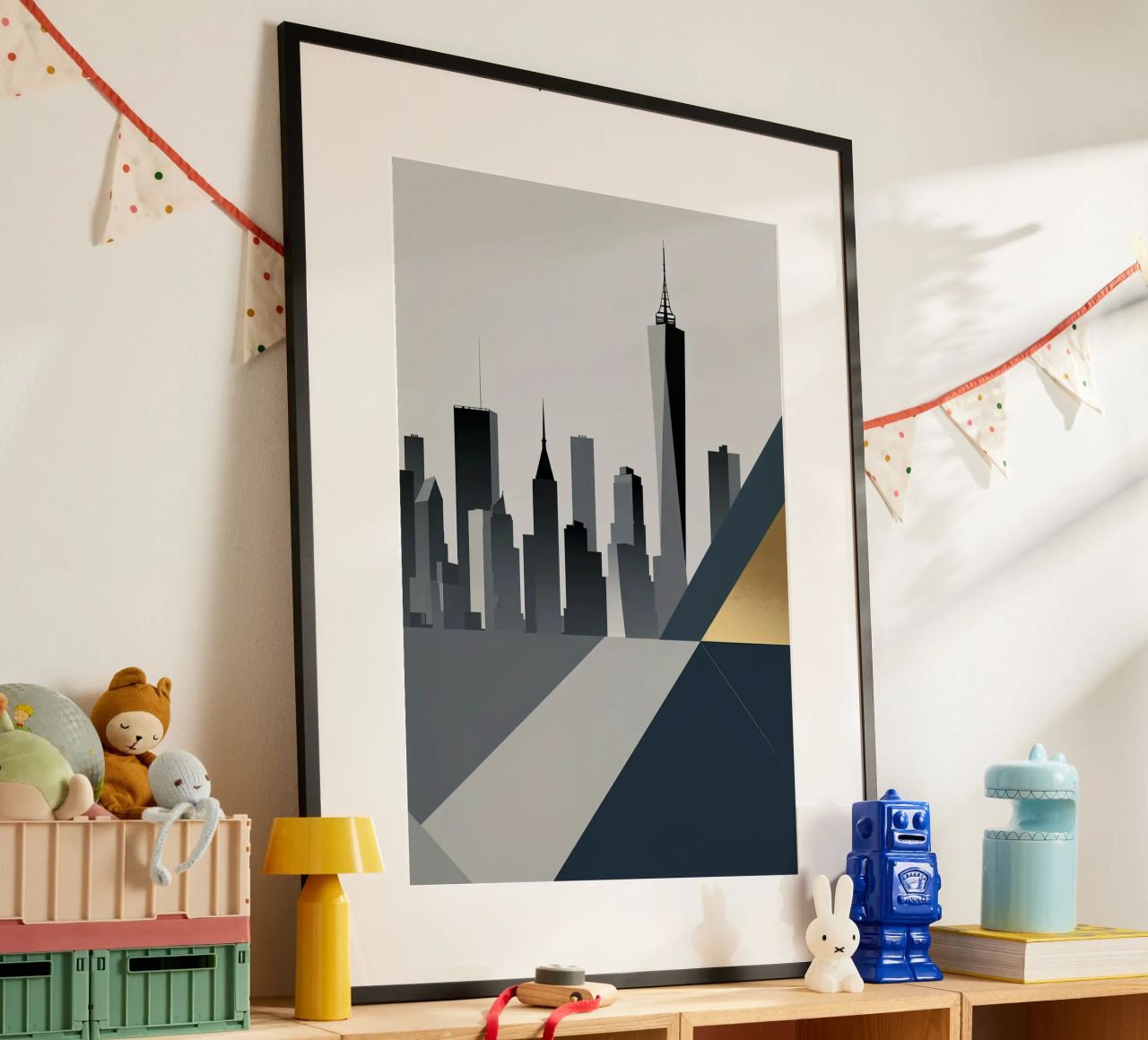 Geometric New York Skyline with Sleek Gold Highlights Poster von AlbertKlee