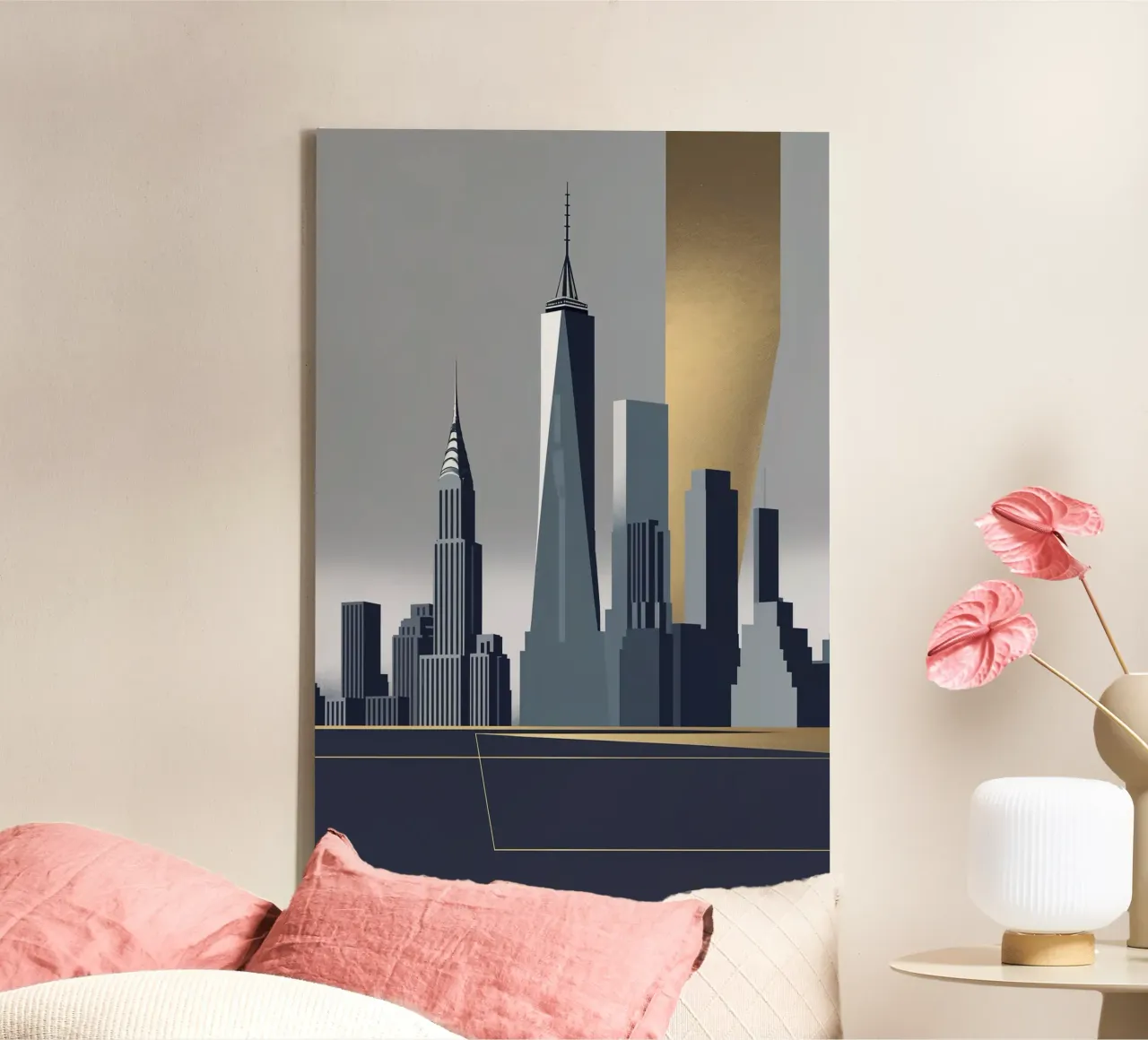 Minimalist Abstract Skyline with Gold and Gray Accents canvas van AlbertKlee