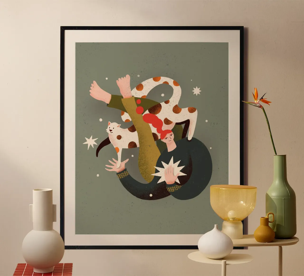 Donna volante con gatto sulla spalla poster con telaio in legno da Bold & Beautiful