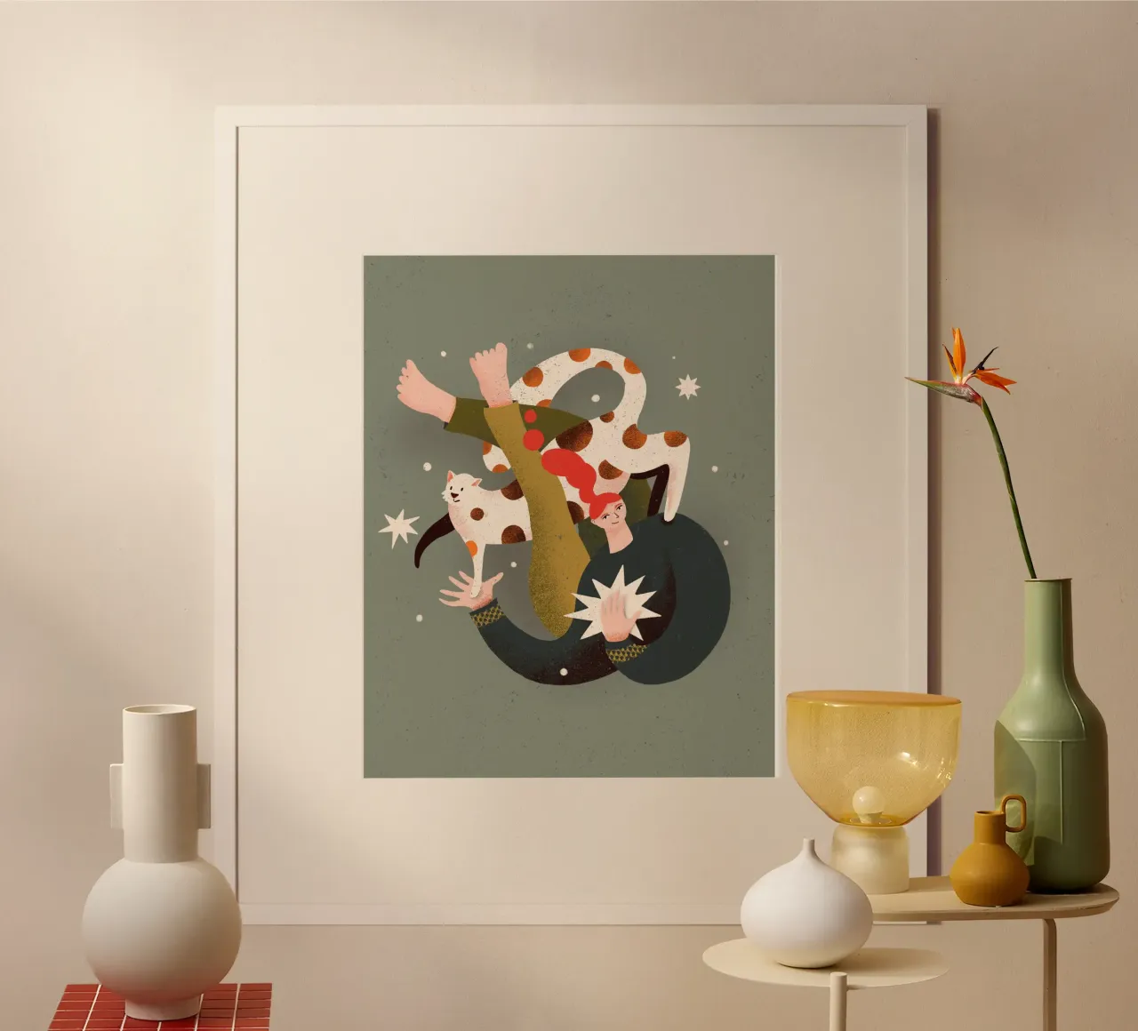 Donna volante con gatto sulla spalla poster con telaio in legno da Bold & Beautiful