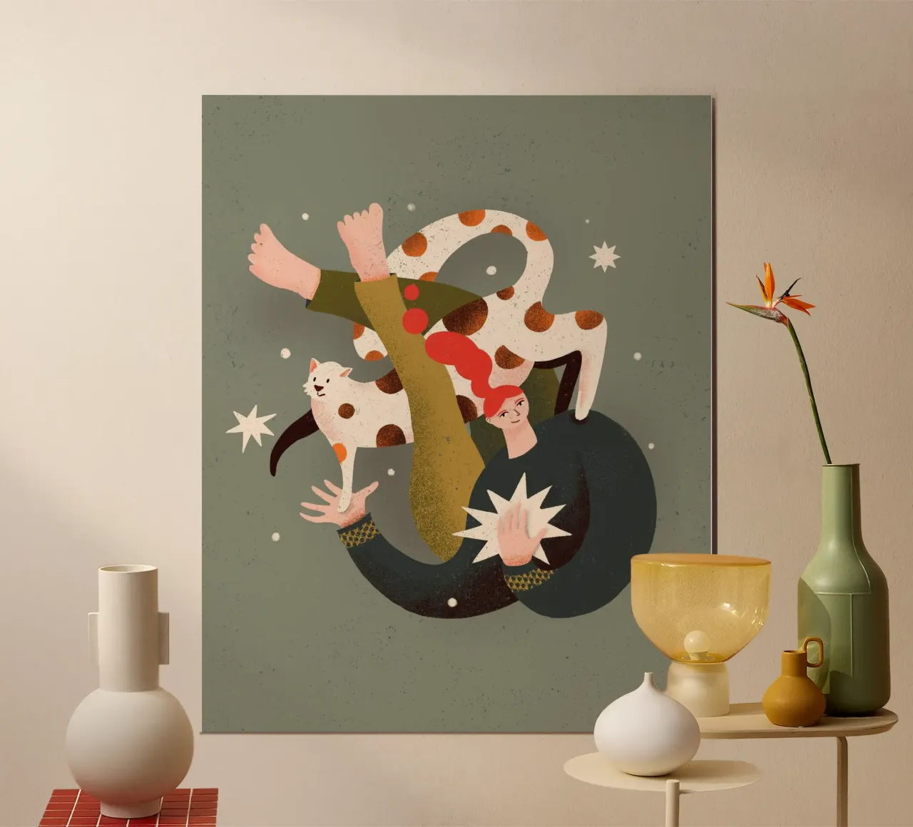 Donna volante con gatto sulla spalla poster con telaio in legno da Bold & Beautiful