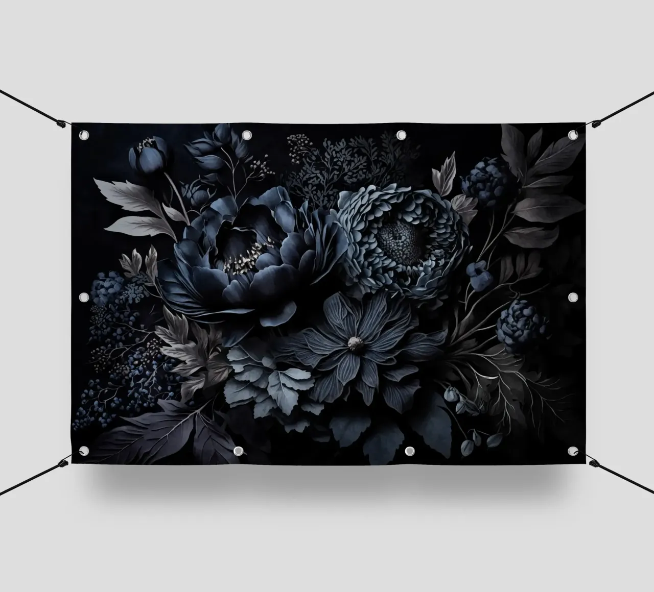 Renaissance Vibes Stahlblau Stimmungsvoll Opulente Blumen PVC Plane von Andrea Haase Floral Passion