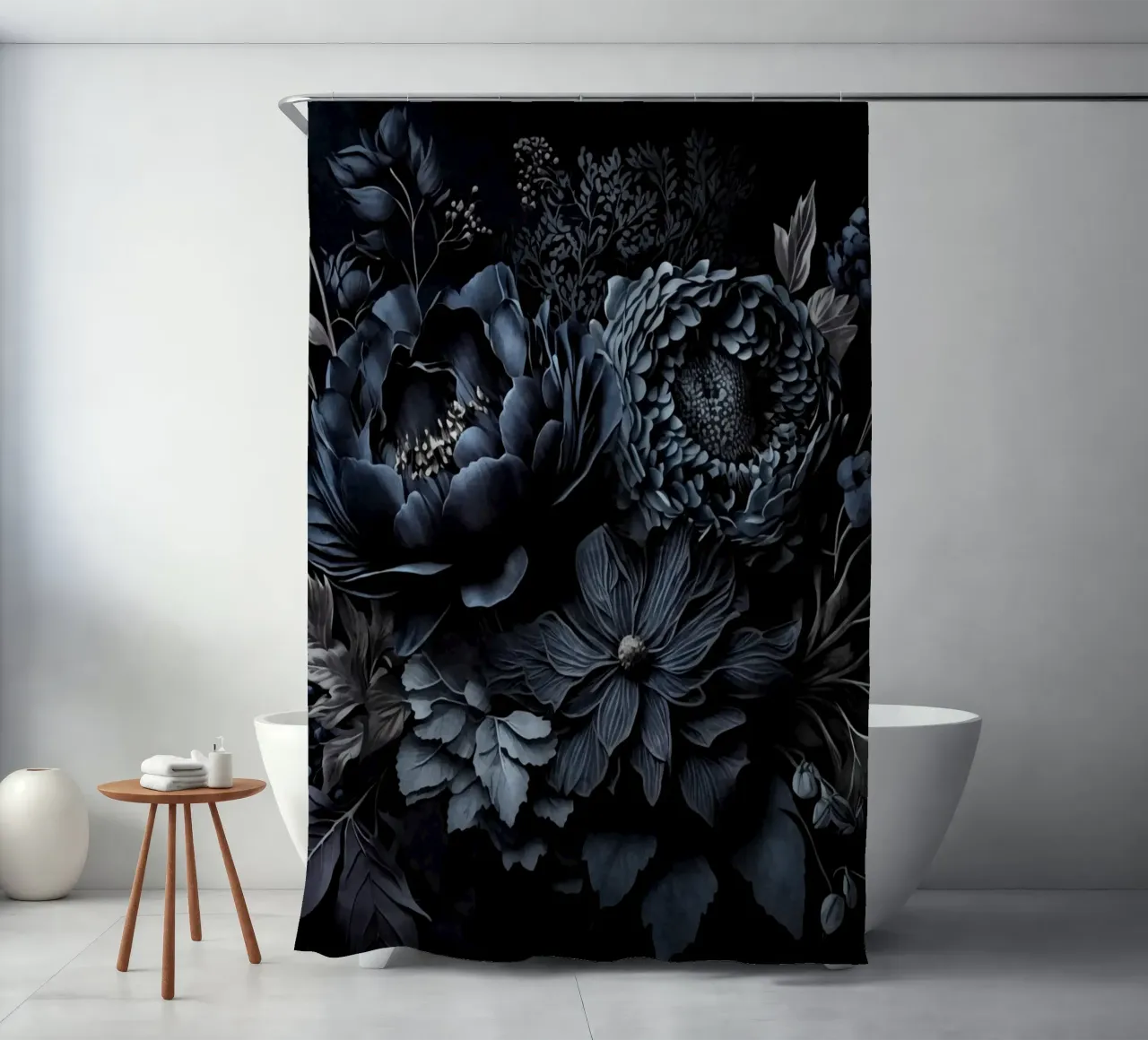 Renaissance Vibes Azul acero Moody Flores opulentas cortina de baño de Andrea Haase Floral Passion