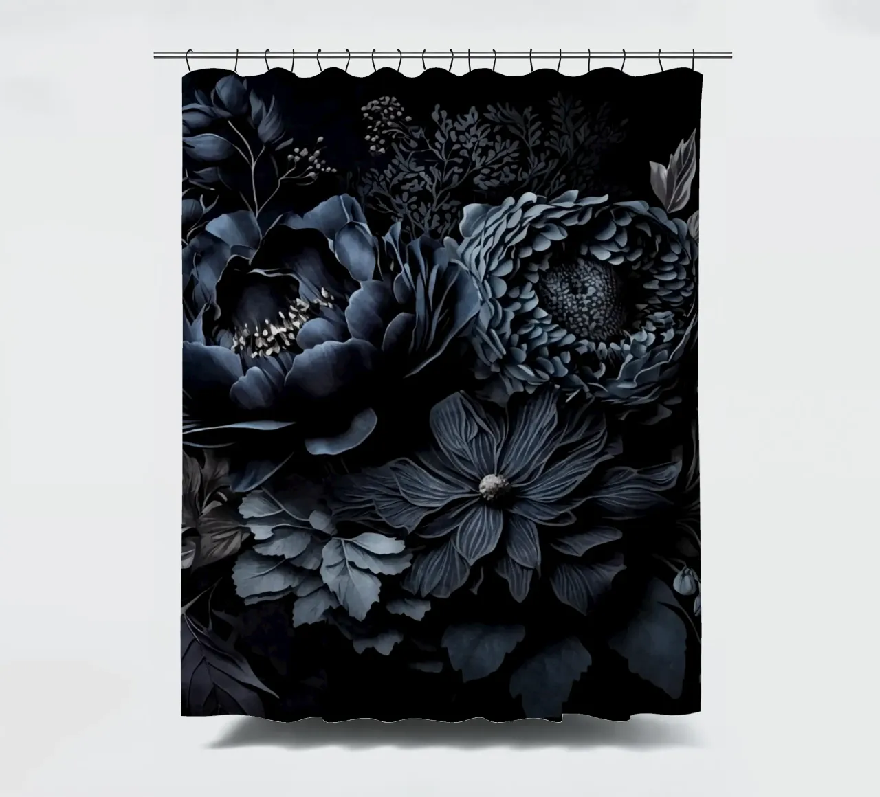 Renaissance Vibes Azul acero Moody Flores opulentas cortina de baño de Andrea Haase Floral Passion