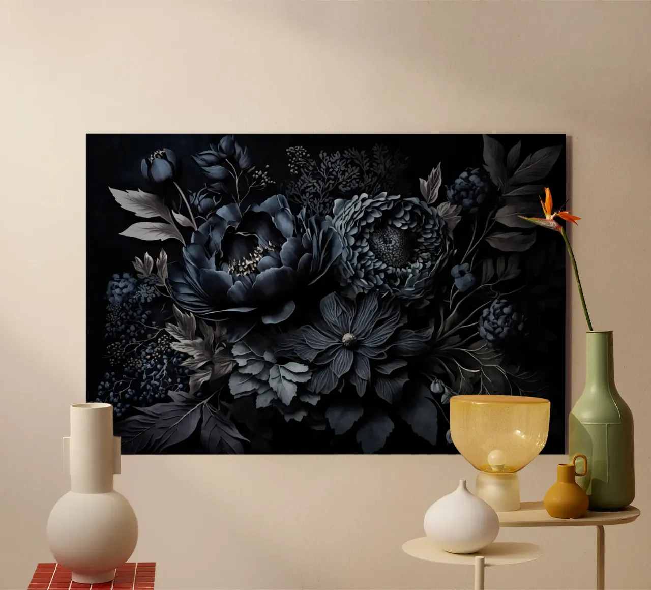 Renaissance Vibes Steel Blue Moody Opulent Flowers alu-dibond by Andrea Haase Floral Passion