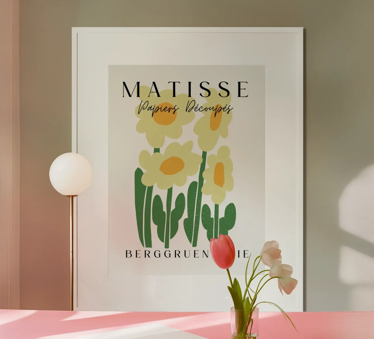Yellow flowers with bold green poster with wooden frame by ramosashop