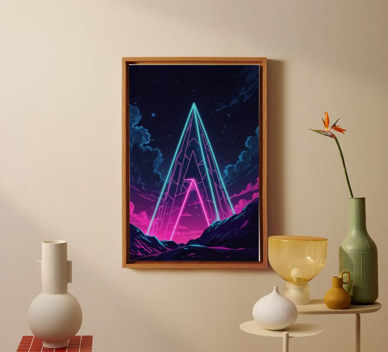Retro Neon Arc and Cosmic Peaks tela con Cornice a cassetta da AlbertKlee
