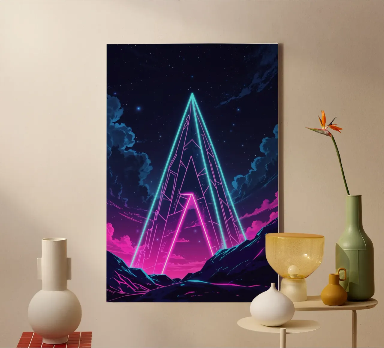 Retro Neon Arc and Cosmic Peaks tela con Cornice a cassetta da AlbertKlee