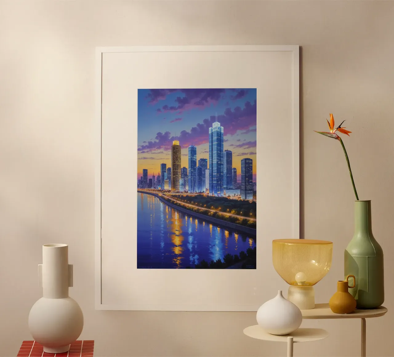 Golden Sunset Over Kyiv’s Skyline poster con telaio in legno da AlbertKlee
