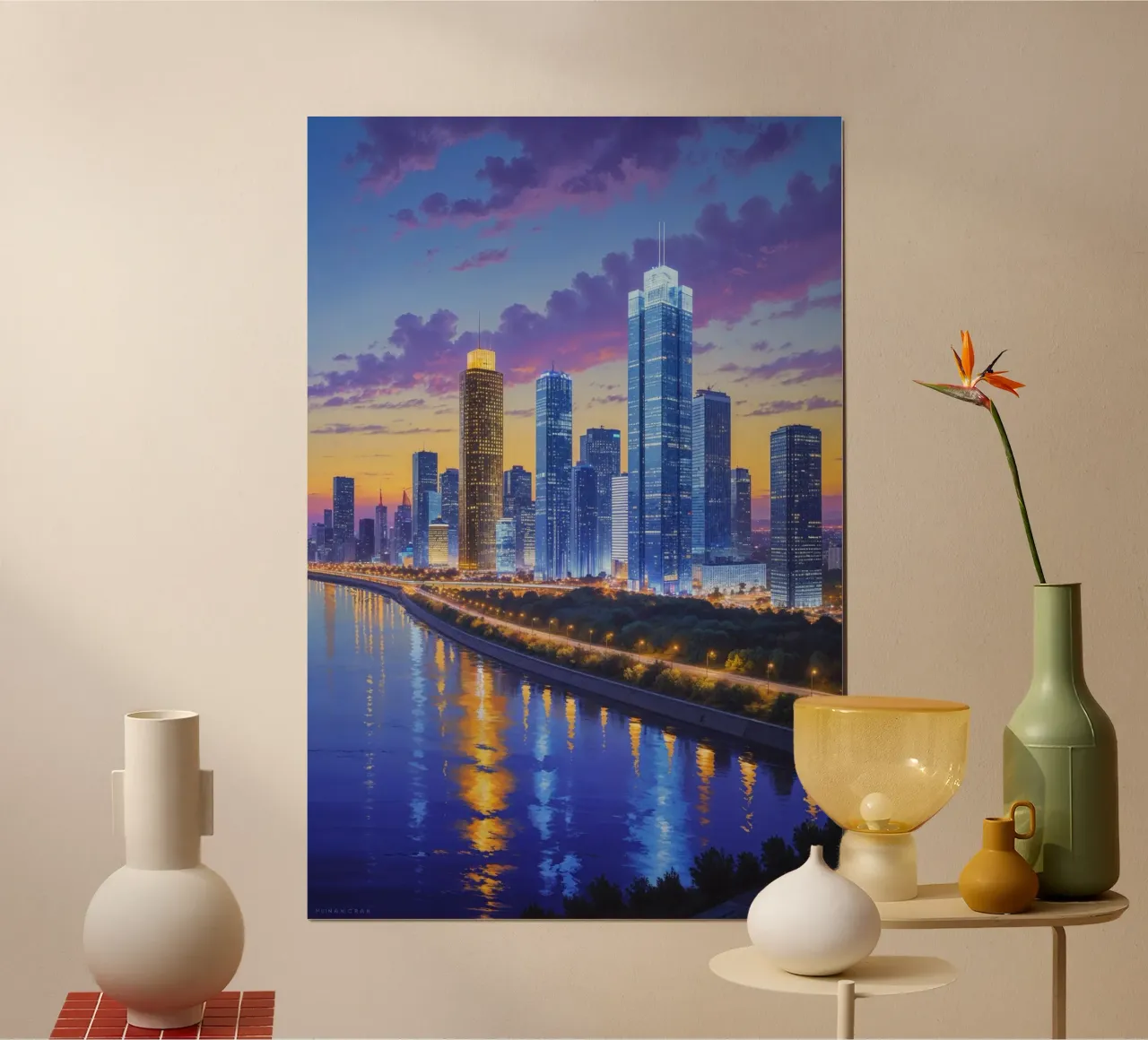 Golden Sunset Over Kyiv’s Skyline poster con telaio in legno da AlbertKlee