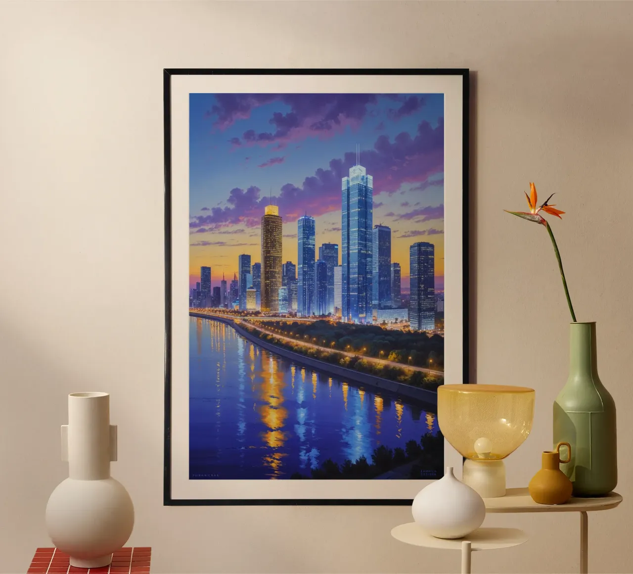 Golden Sunset Over Kyiv’s Skyline poster con telaio in legno da AlbertKlee