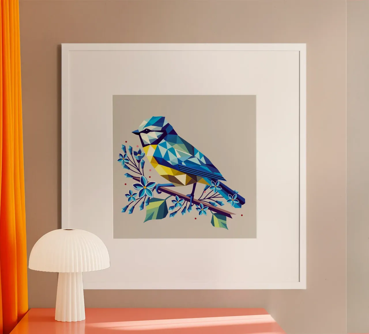 Cincia blu geometrica su ramo lilla - natura armoniosa poster con telaio in plastica da namosh
