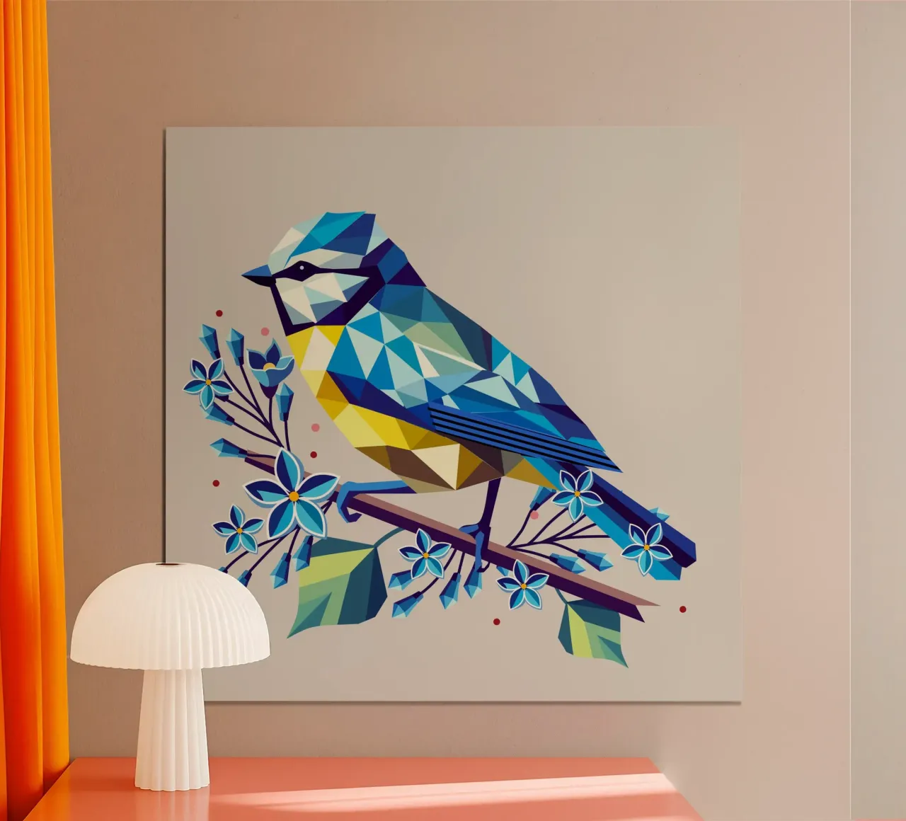 Cincia blu geometrica su ramo lilla - natura armoniosa poster con telaio in plastica da namosh