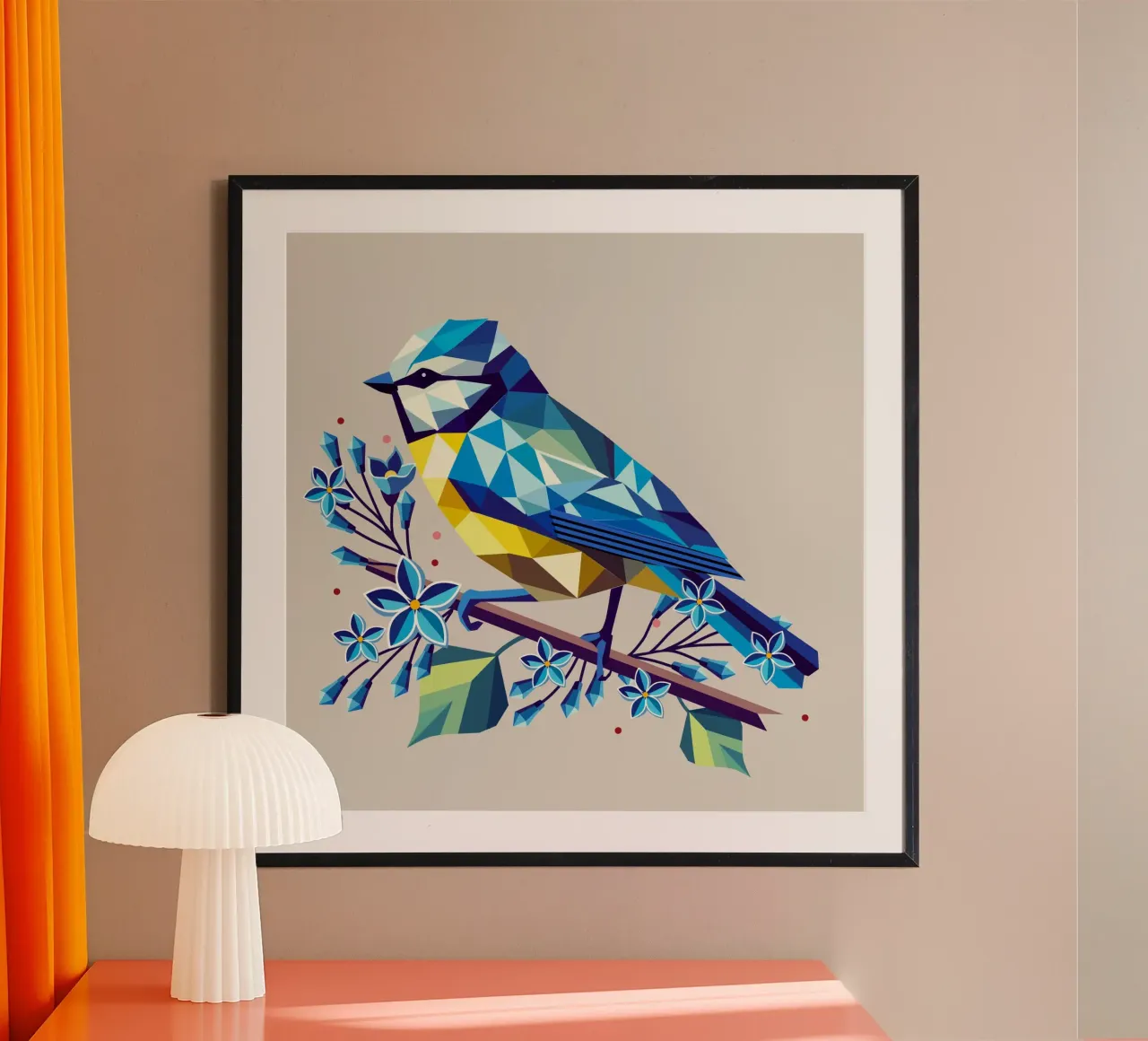 Cincia blu geometrica su ramo lilla - natura armoniosa poster con telaio in plastica da namosh