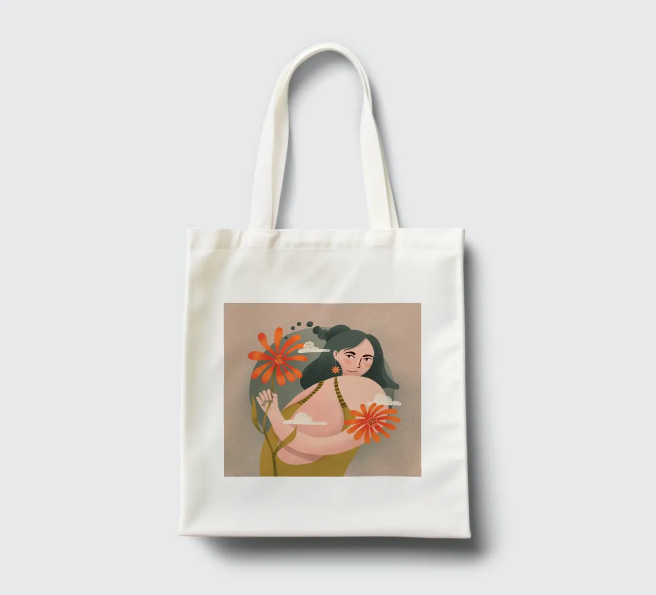 Donna con un fiore in mano si guarda alle spalle borsa in juta da Bold & Beautiful