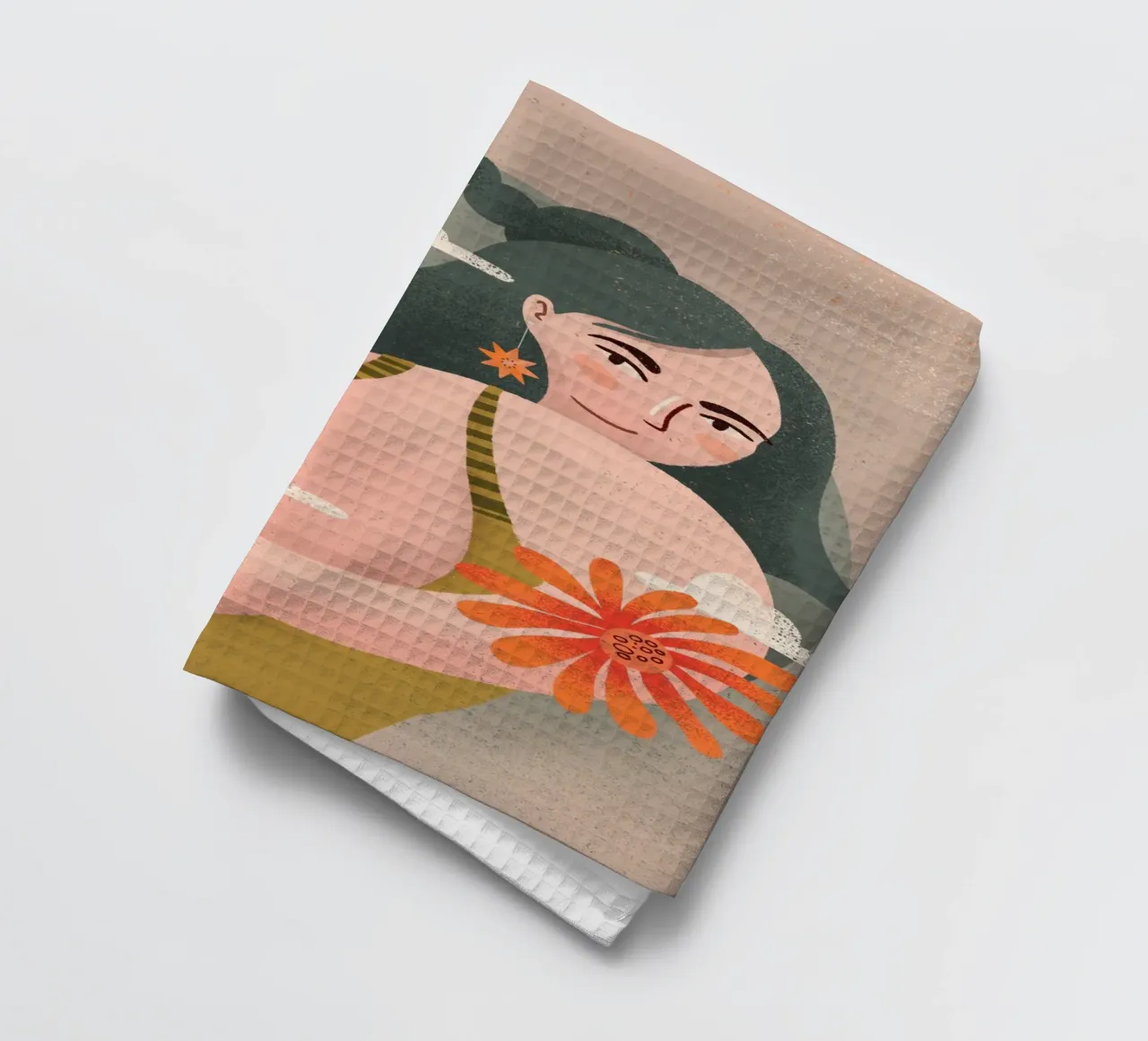 Frau mit Blume in der Hand blickt über Schulter Geschirrtuch von Bold & Beautiful