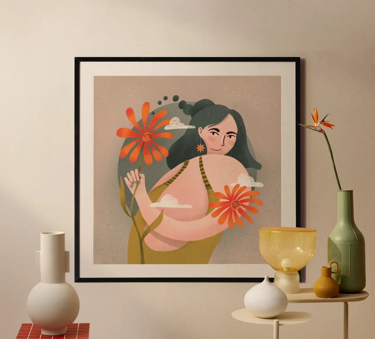 Frau mit Blume in der Hand blickt über Schulter Hahnemühle von Bold & Beautiful