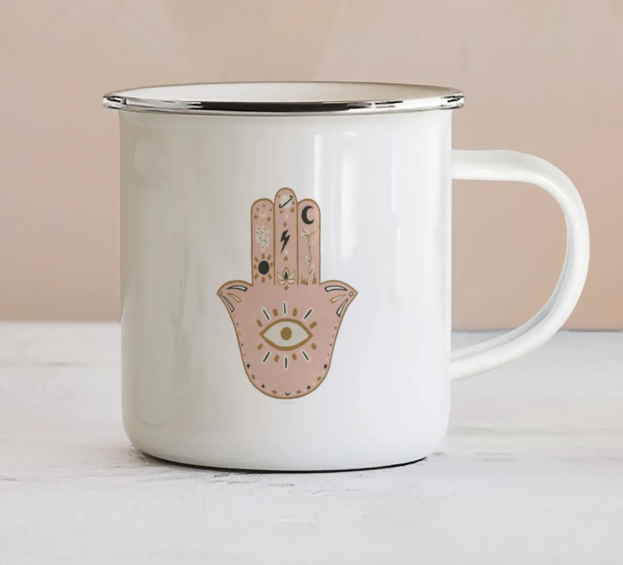 Mano Hamsa Boho, occhio maligno pacifico Rosa pastello, ocra tazza in smalto da This Wild Soul - Illustration