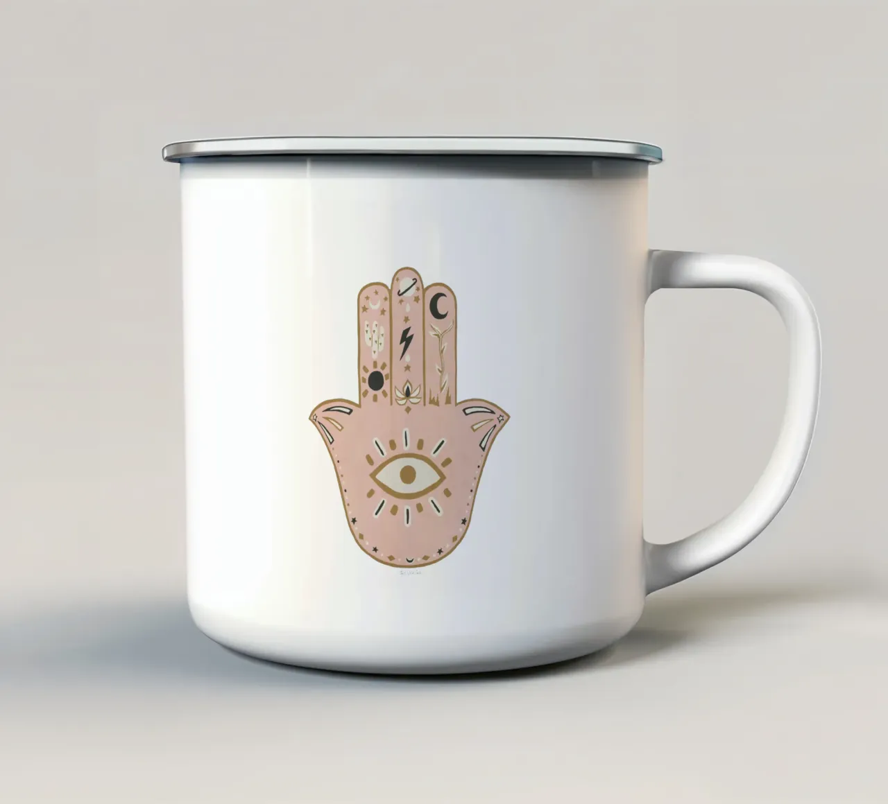 Mano Hamsa Boho, occhio maligno pacifico Rosa pastello, ocra tazza in smalto da This Wild Soul - Illustration