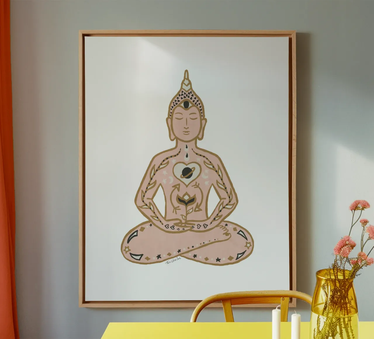 Das Leben wächst im Innern - Boho Meditierender Sitzender Buddha Chakras Leinwand mit Schattenfugenrahmen von This Wild Soul - Illustration