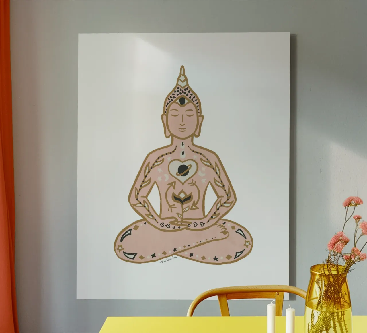 Das Leben wächst im Innern - Boho Meditierender Sitzender Buddha Chakras Leinwand mit Schattenfugenrahmen von This Wild Soul - Illustration