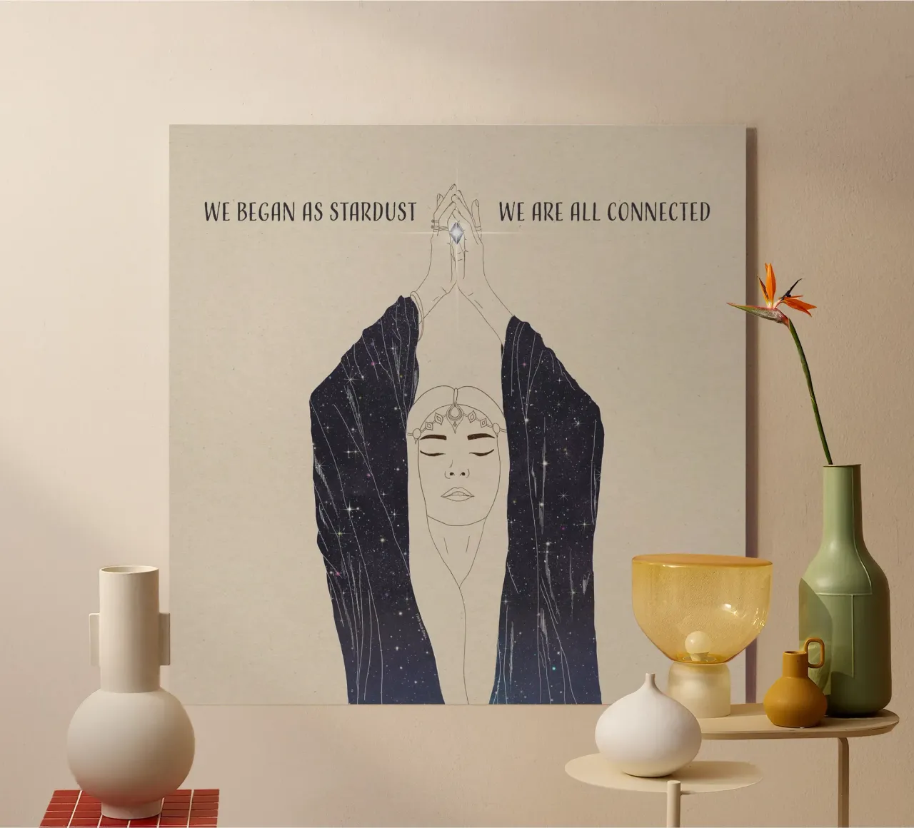 Nous avons commencé comme des poussières d'étoiles, nous sommes tous connectés Déesse Boho plexiglas de This Wild Soul - Illustration