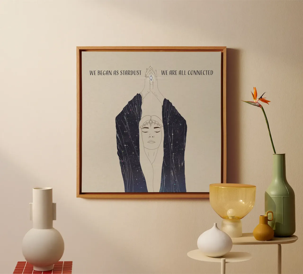 Comenzamos como polvo de estrellas, todos estamos conectados Diosa Boho lienzo con Marco flotante de This Wild Soul - Illustration