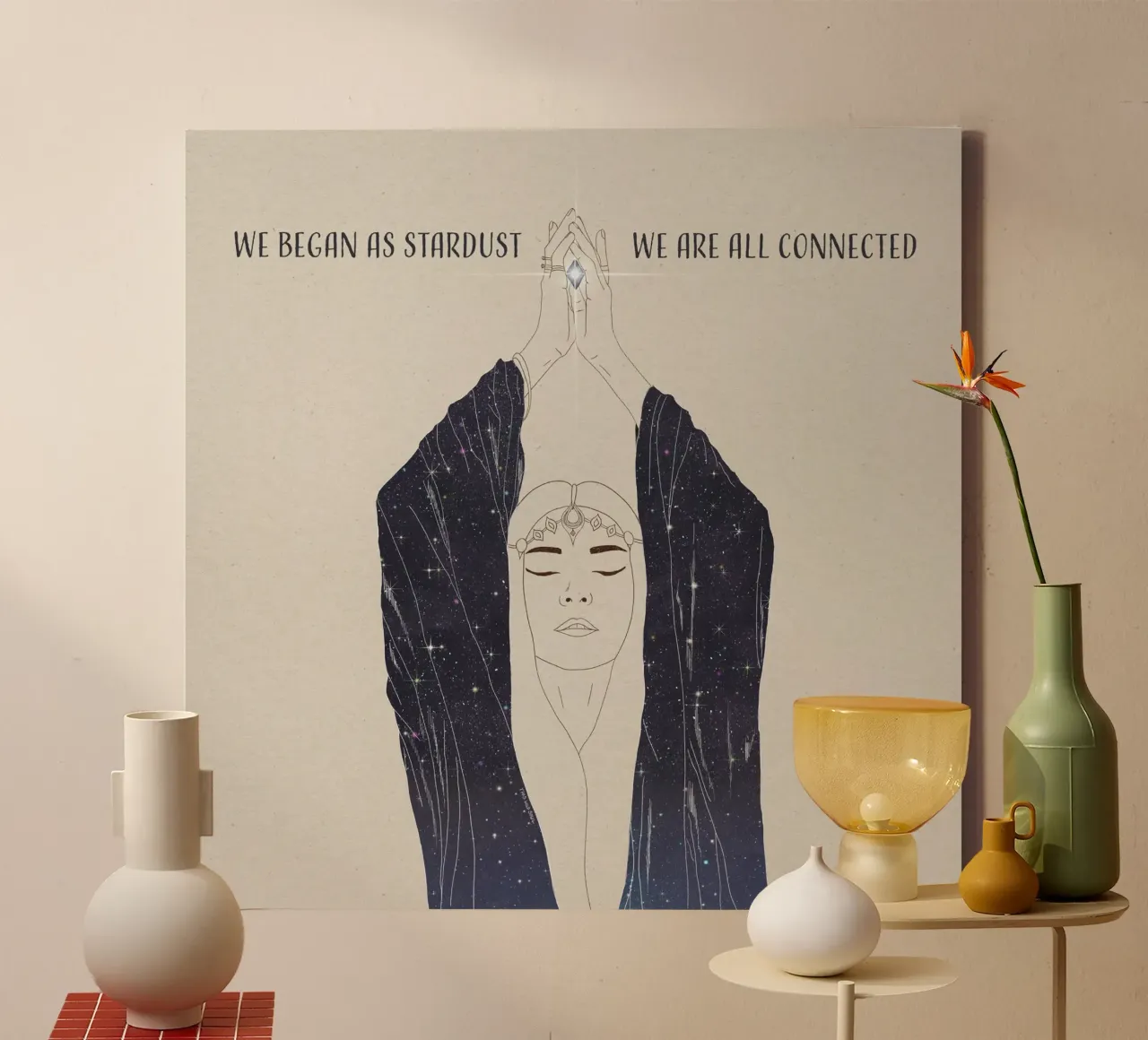 Comenzamos como polvo de estrellas, todos estamos conectados Diosa Boho lienzo con Marco flotante de This Wild Soul - Illustration