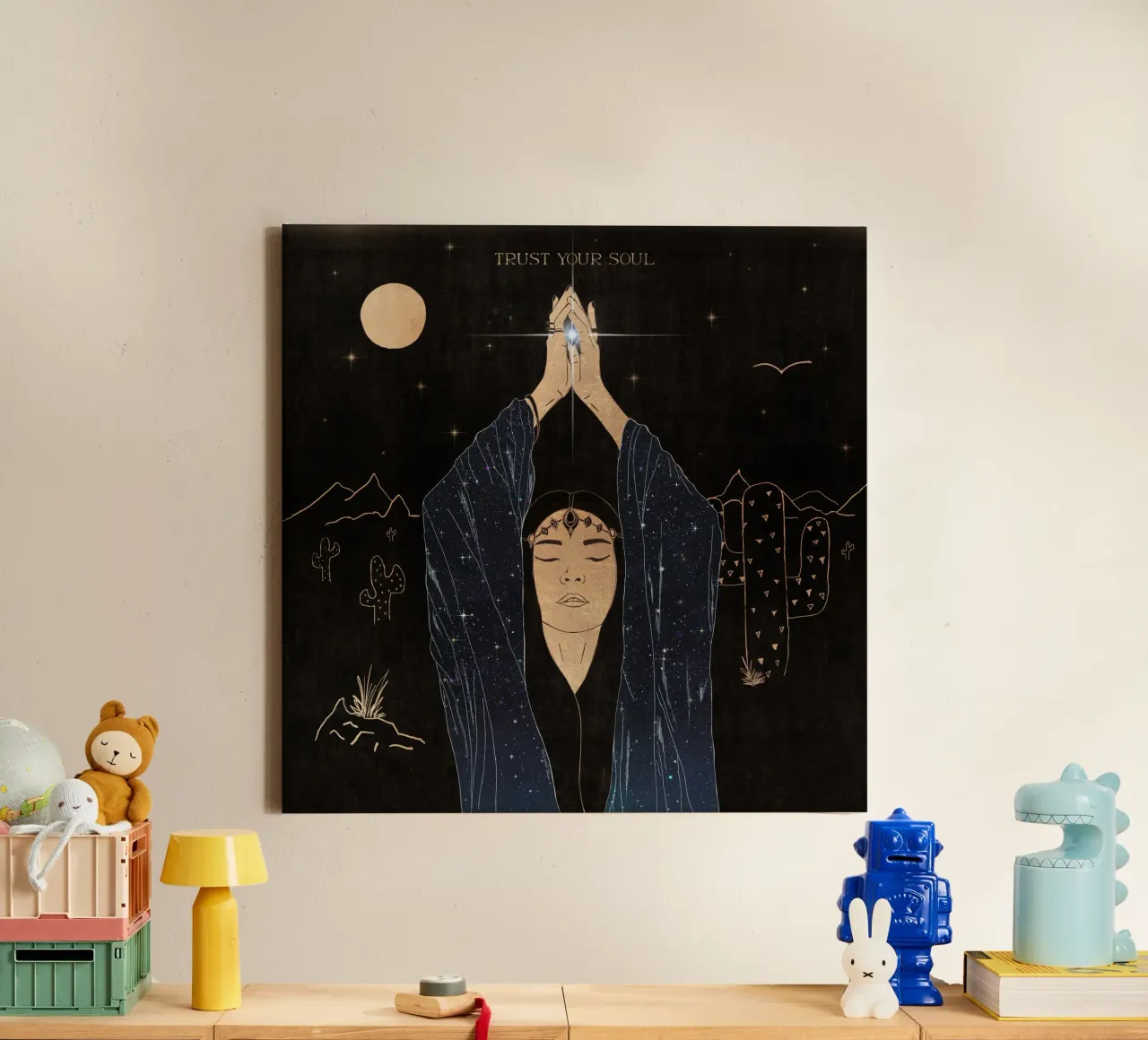 Fidati della tua anima Desert Boho Nero, Oro, Luna, Galassia, Stelle tela con Cornice a cassetta da This Wild Soul - Illustration