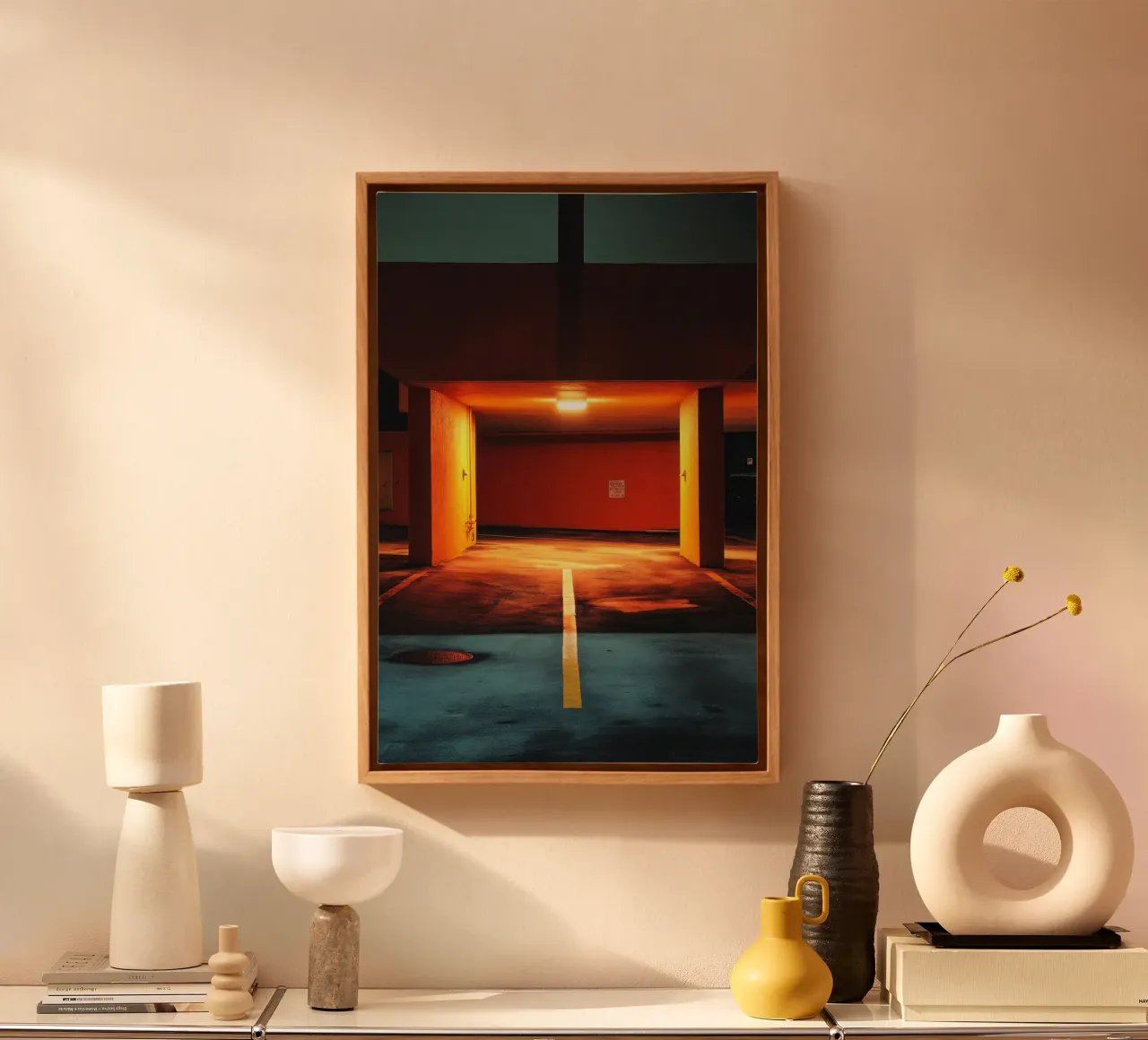Shadow light in Miami canvas with Floater frame by By Night