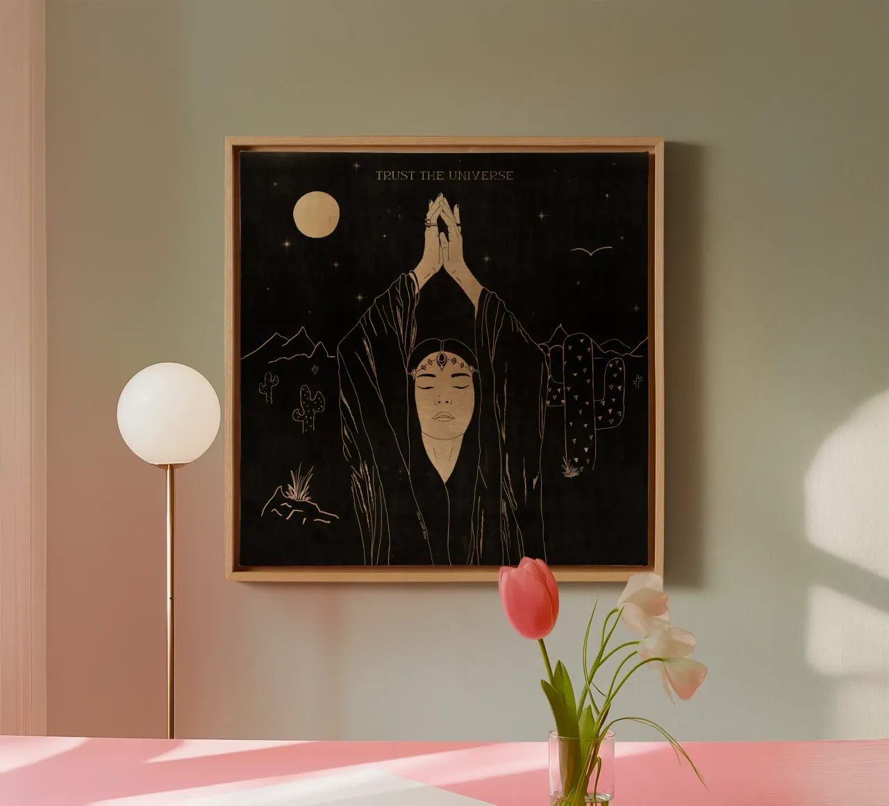 Trust the Universe -Tribal Desert Woman Cacti Mountains Moon canvas with Floater frame by This Wild Soul - Illustration