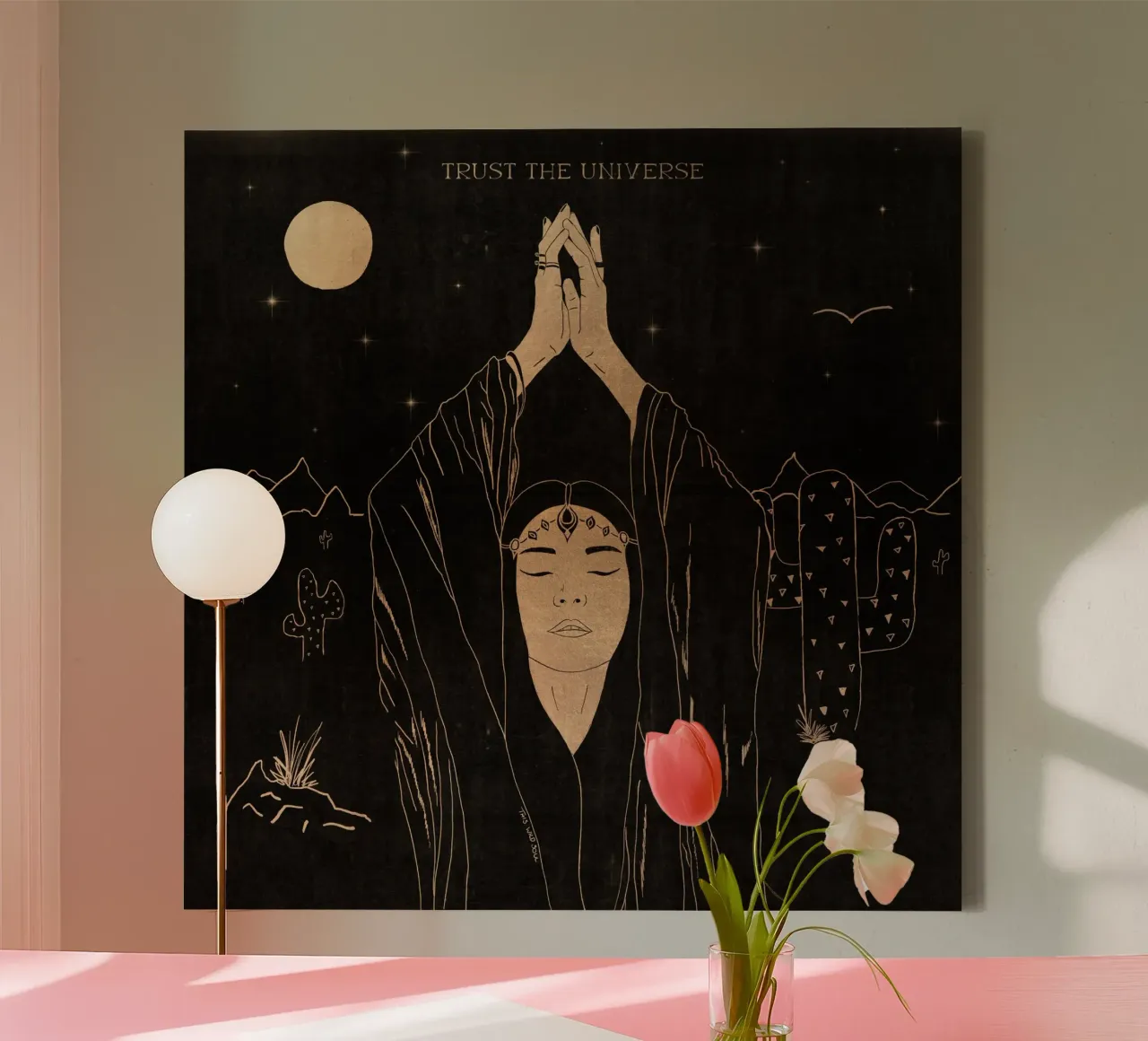 Trust the Universe -Tribal Desert Woman Cacti Mountains Moon canvas with Floater frame by This Wild Soul - Illustration