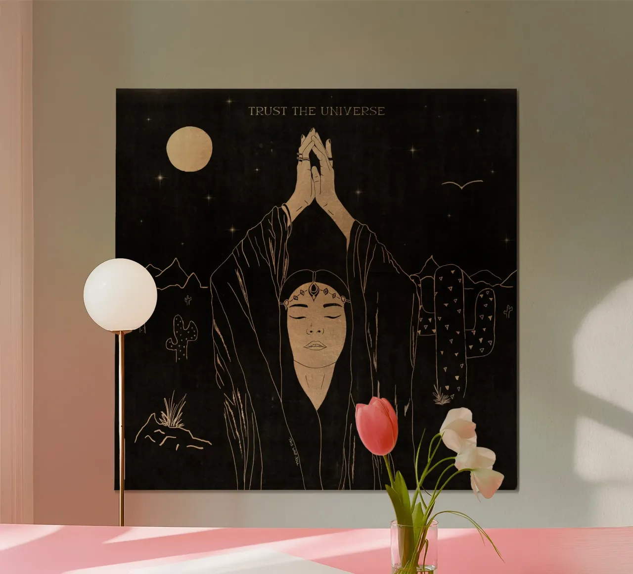 Fiducia nell'Universo - Donna tribale del deserto Cactus Montagne Luna poster con telaio in legno da This Wild Soul - Illustration