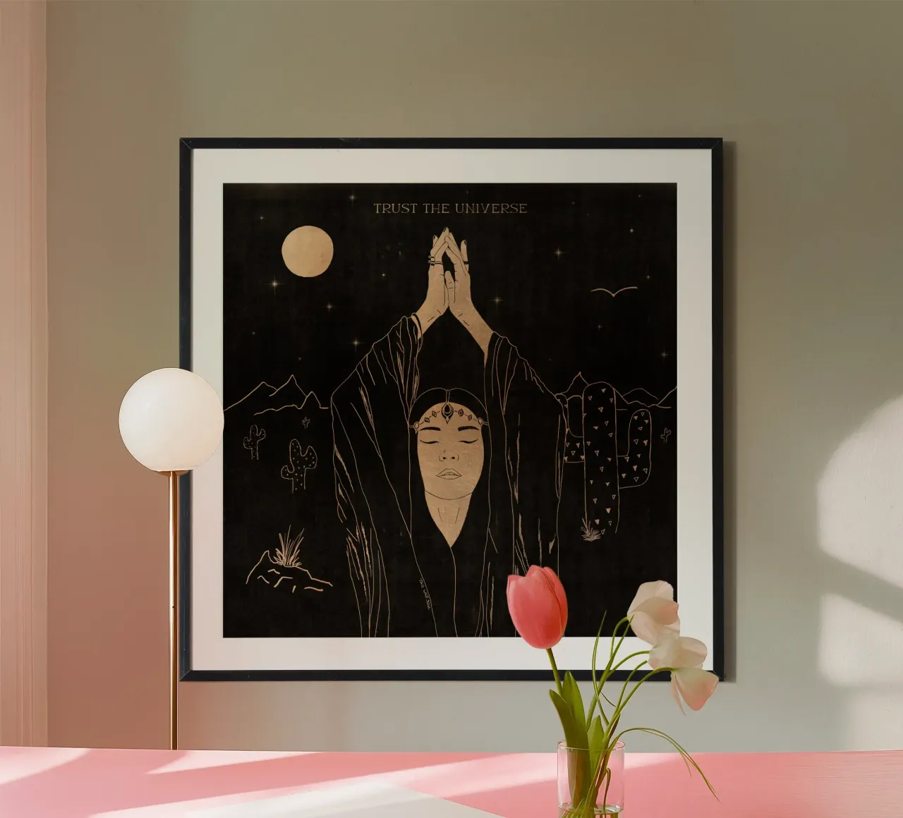 Fiducia nell'Universo - Donna tribale del deserto Cactus Montagne Luna poster con telaio in legno da This Wild Soul - Illustration